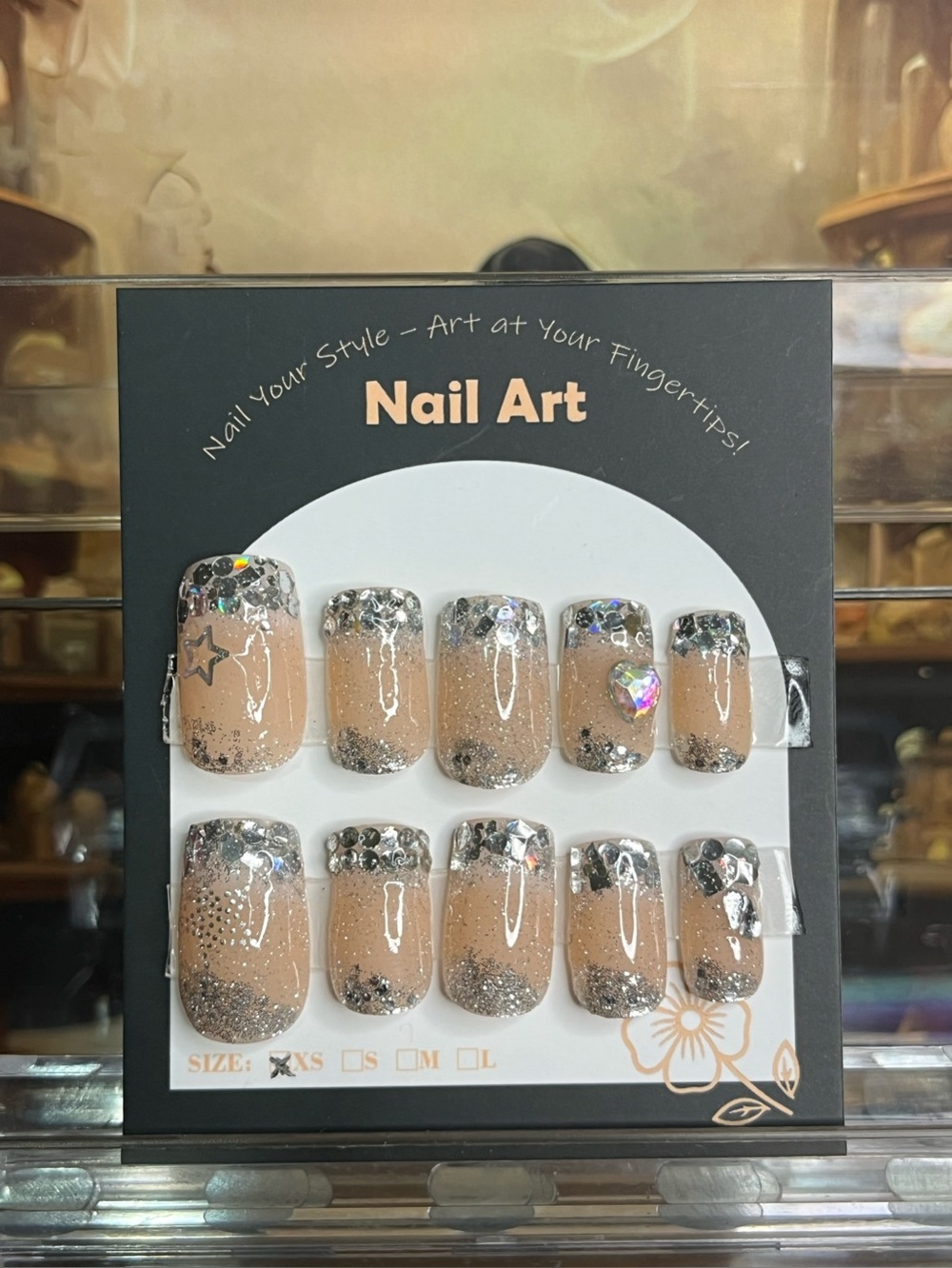 Nude and Silver Rhinestone Press-On Nails